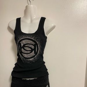 Bebe set 2 piece tank top and soft capris bling Swarovski rhinestone black y2k